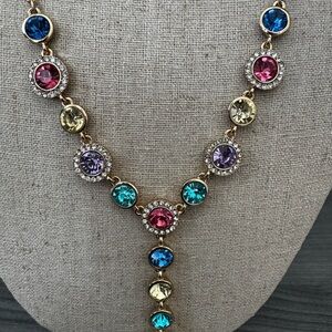 Vintage Monet Rainbow Crystal Y-Necklace Gold Tone Signed